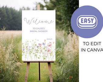 Bridal Shower 2024 Welcome Sign, Wildflower Welcome Poster, Modern Minimal Wedding Shower Sign, Editable Canva Template