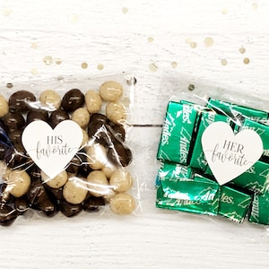 His and Hers Wedding Favor Bags, 24 each His and Her Favorite Heart Stickers, Optional Clear Candy Bags, Great for Hotel Welcome Gift Bags