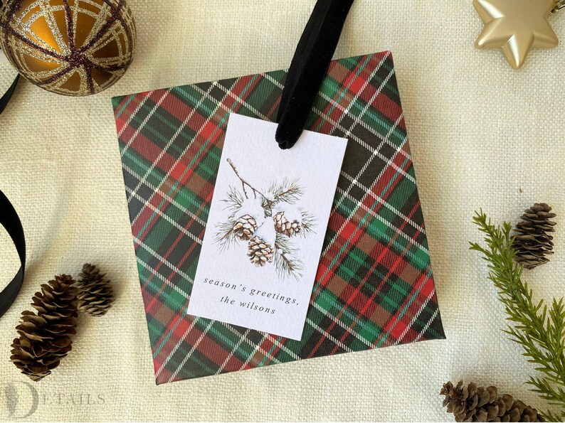 May include: A red, green, and black plaid gift bag with a white gift tag. The gift tag has a watercolor illustration of pine branches with pine cones and the text "season's greetings, the Wilsons".