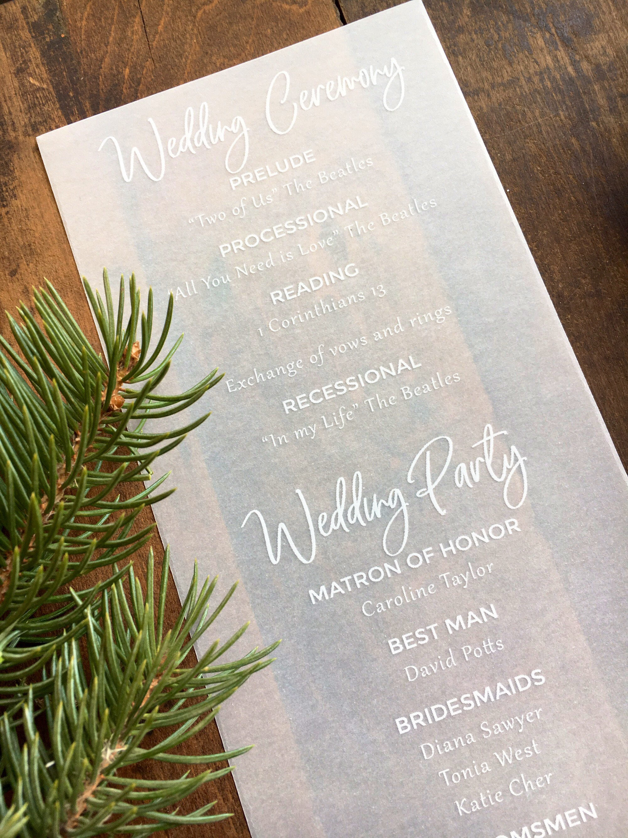 Vellum Wedding Programs Vellum Programs Winter Wedding Etsy