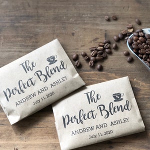 Coffee Favor Bags that say The Perfect Blend and are personalized for the bride and groom and sold in sets of 25 image 4