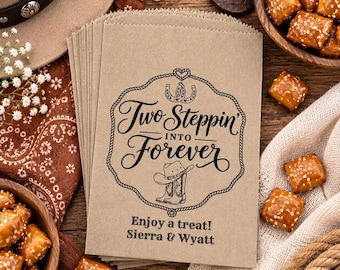Western Wedding Favor Bags, Two Steppin' Into Forever, Personalized Snack Sacks, Cowboy Favors, Pretzel Treats