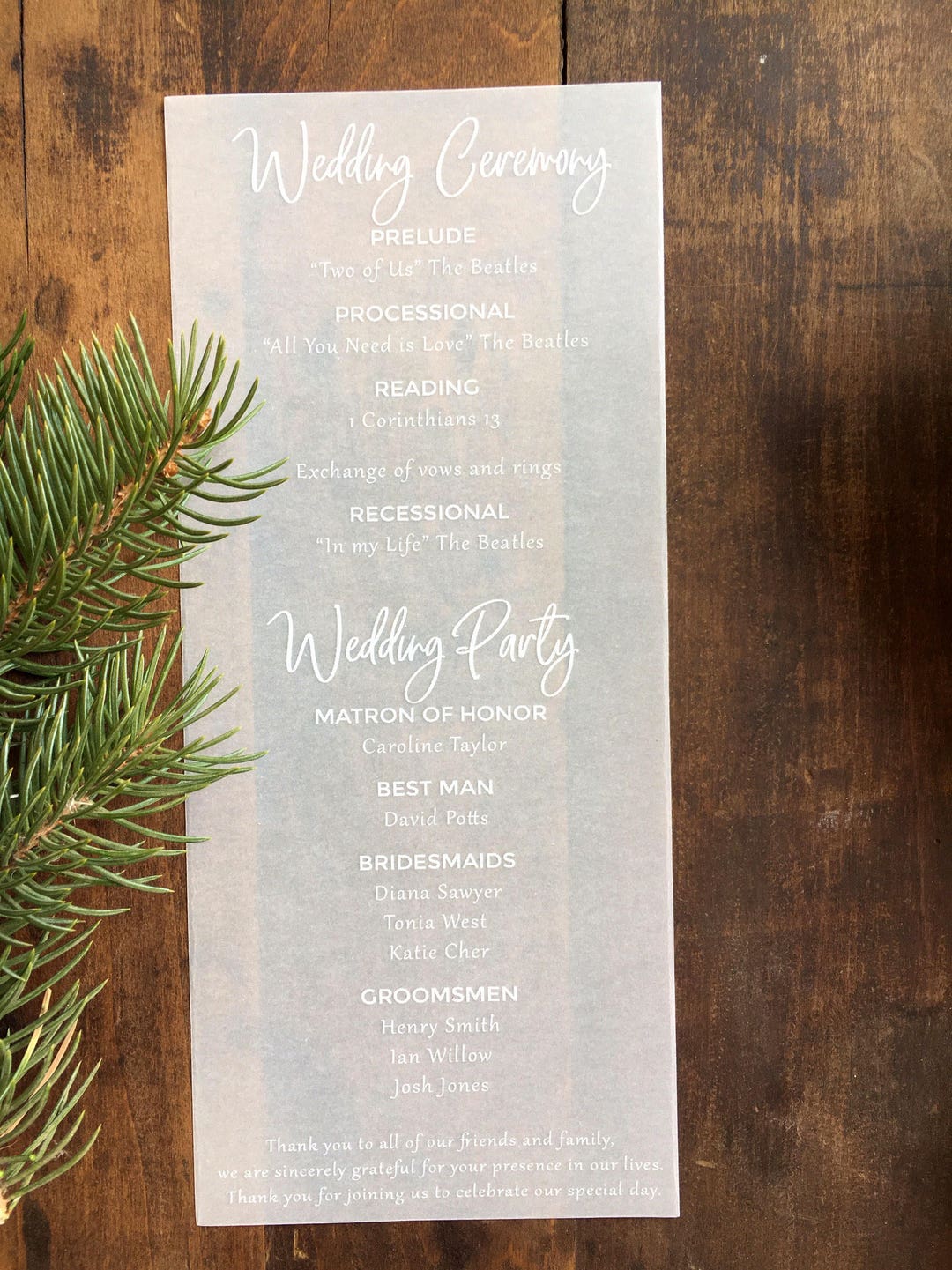 Vellum Wedding Programs, Vellum Programs, Winter Wedding Programs, Translucent Paper Programs
