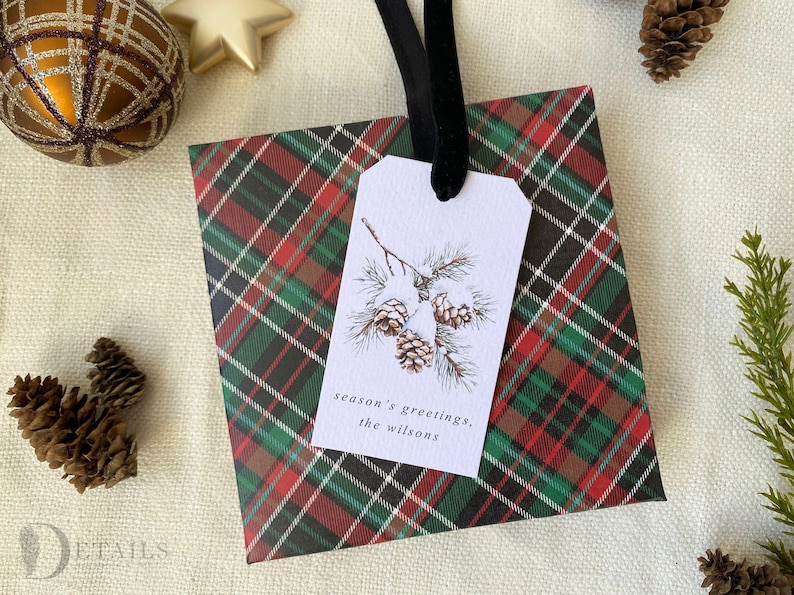 May include: A red, green, and black plaid gift bag with a white gift tag. The tag has a watercolor illustration of pine branches with pine cones and the text "season's greetings, the Wilsons".