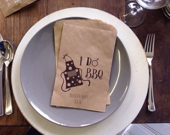 I DO BBQ Wedding Favor Bags - Engagment Party Favors - Printed Paper Utensil Holders, silverware wrap - flatwear bag- set of 25