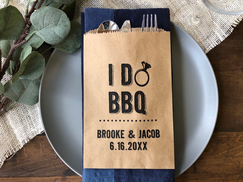 Utensil Holders For Wedding or Engagement Barbeque Cutlery Bags I Do BBQ Barn Wedding Favor Bags Rustic Wedding Decor 25 pk image 2