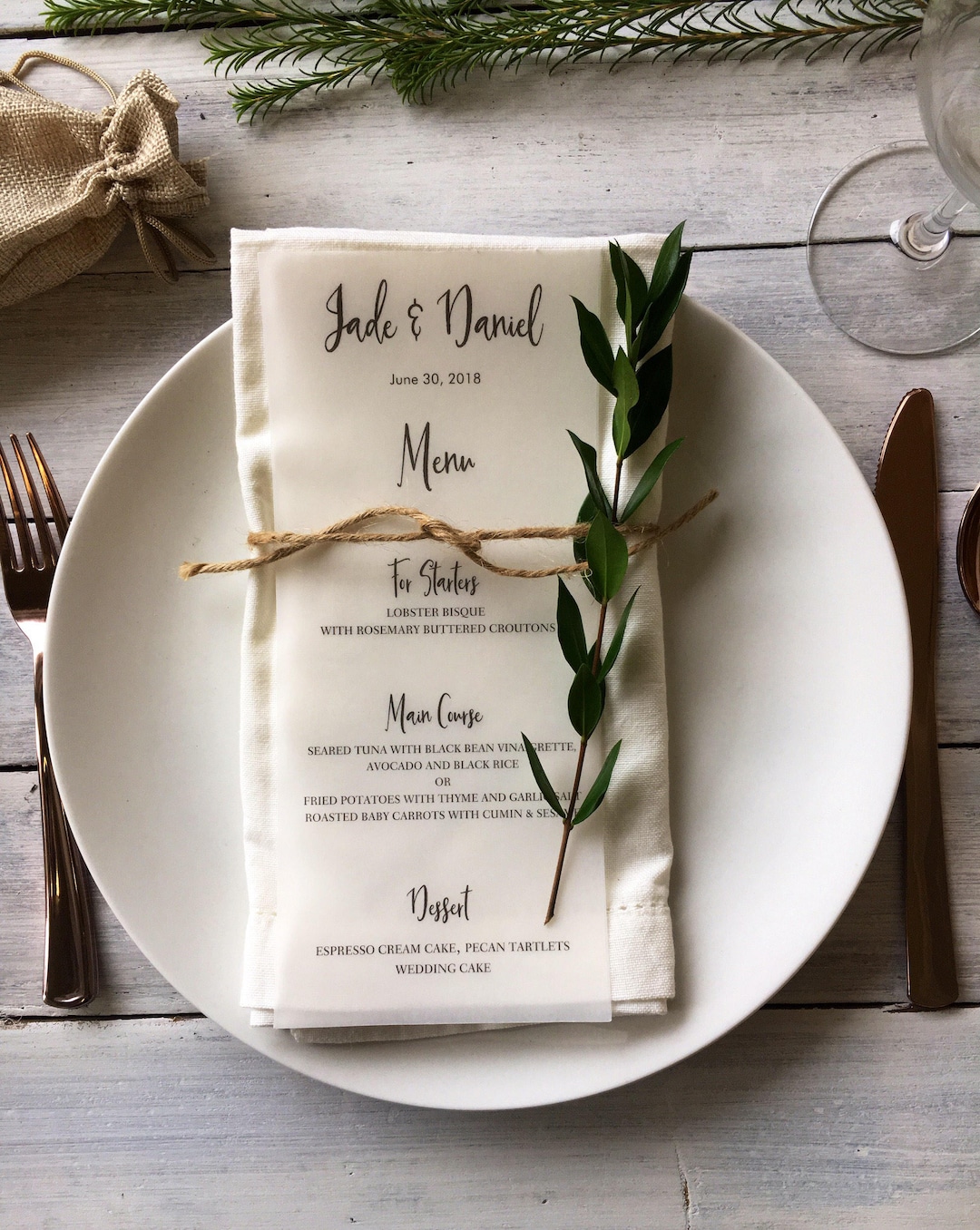 Elegant Wedding Menus for Your Place Settings, Printed on Vellum and ...