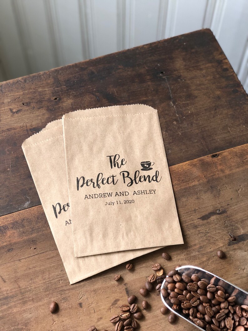 Coffee Favor Bags that say The Perfect Blend and are personalized for the bride and groom and sold in sets of 25 image 5