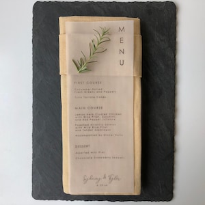 Menús de boda minimalistas y modernos en vitela, tarjeta de menú en vitela, menús impresos, papel translúcido, menú delicado en tinta blanca, juego de 24