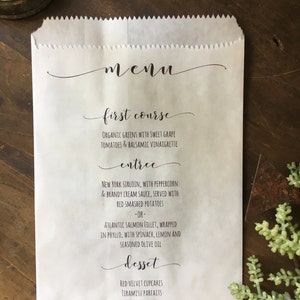 Wedding Menu Favor Bags, Bread Bags, Wedding Favor Bags, Utensil Bags, Wedding Reception Table Decor, Custom Menus Printed for You, 25 pk