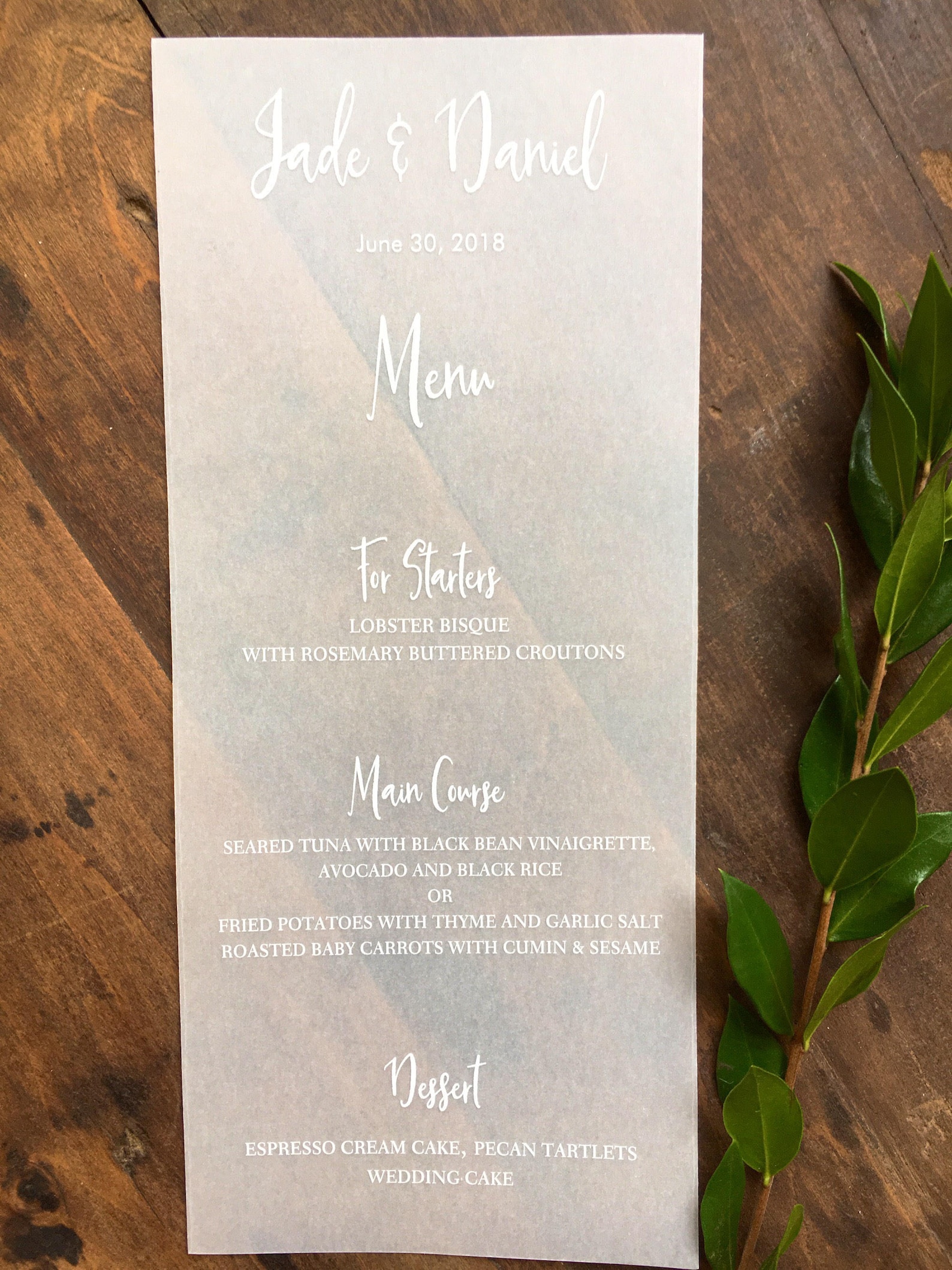 Vellum Wedding Menus Vellum Menu Card Printed Menus Winter Etsy
