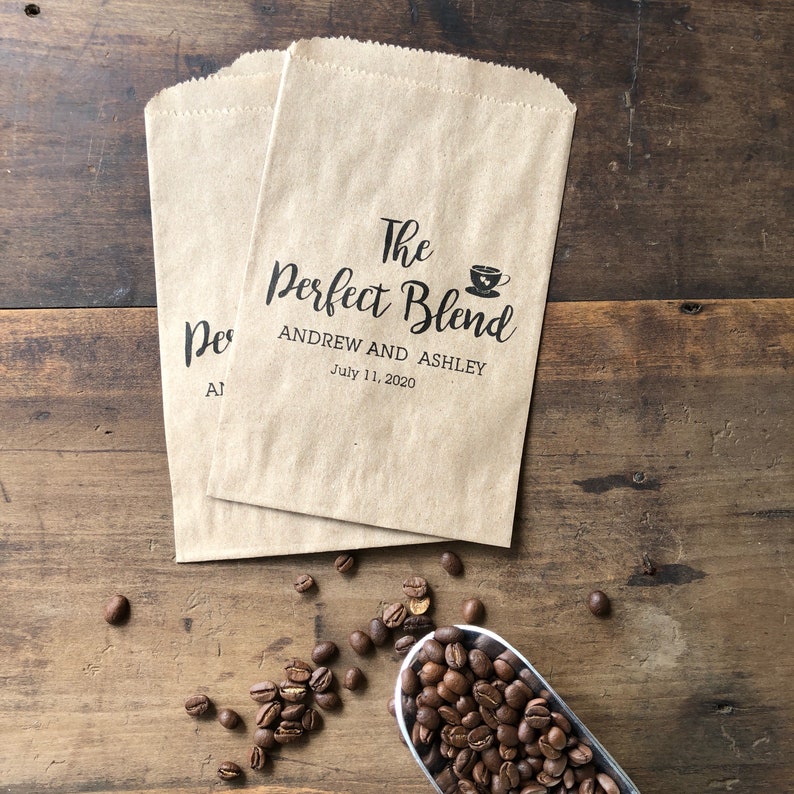 Coffee Favor Bags that say The Perfect Blend and are personalized for the bride and groom and sold in sets of 25 image 3