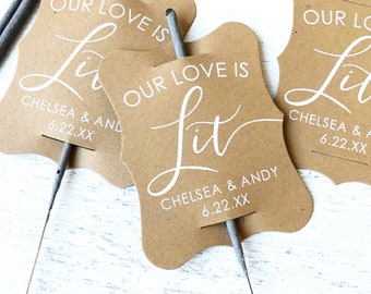 Our Love is Lit Wedding Sparkler Tags, Sparkler Sleeves, Custom Sparkler Tags, Unique Sparkler Tags, Sparkler Send Off, Set of 24 Tags Only