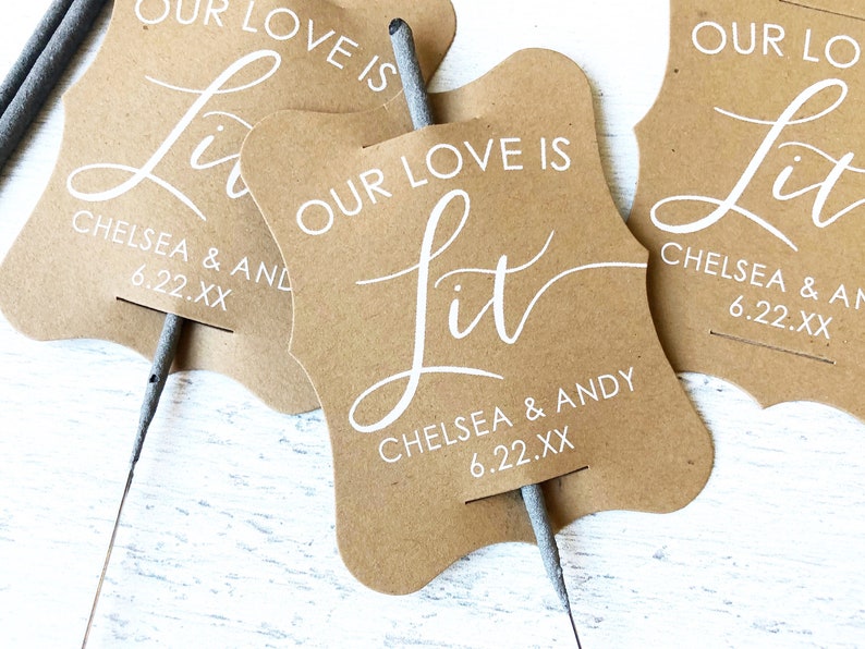 Our Love is Lit Wedding Sparkler Tags, Sparkler Sleeves, Custom Sparkler Tags, Unique Sparkler Tags, Sparkler Send Off, Set of 24 Tags Only image 1