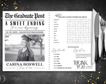 May include: A black and white graduation announcement with a photo of a graduate wearing a cap and gown. The announcement includes the graduate's name, class year, and a word search puzzle. The text "The Graduate Post" is at the top of the announcement.
