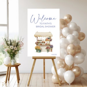 Sie ist aus dem Markt Brautdusche Zeichen, Trending Floral Willkommen Poster, Moderne Bauernmarkt Hochzeit druckbare, bearbeitbare Canva Vorlage