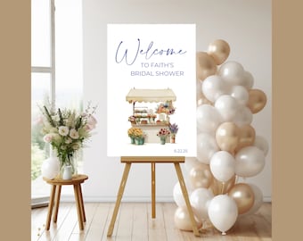 Panneau de bienvenue floral pour la douche nuptiale, thème du marché de producteurs (modèle canva modifiable)