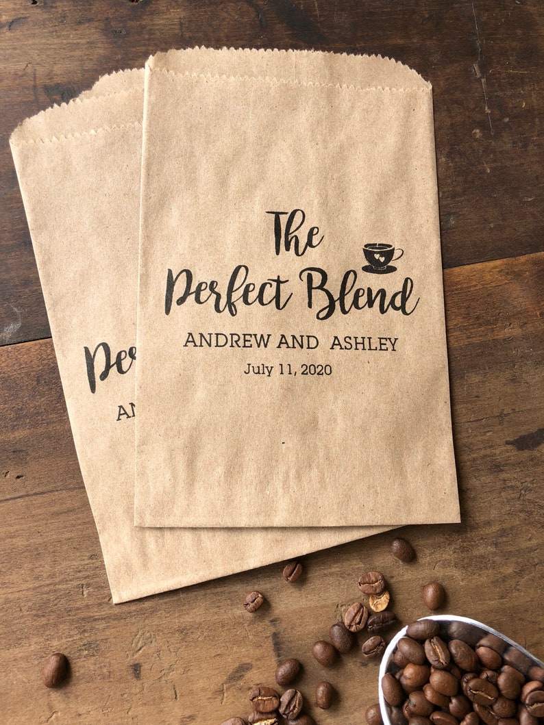 Coffee Favor Bags that say The Perfect Blend and are personalized for the bride and groom and sold in sets of 25 image 9