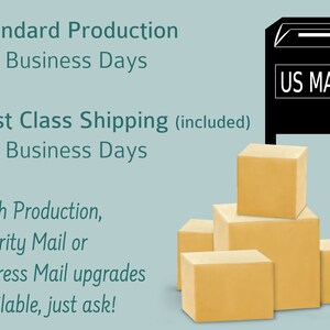 May include: A stack of brown cardboard boxes with a black mailbox with the text "US MAIL" on it. The text on the image reads "Standard Production 1-3 Business Days, First Class Shipping (included) 2-6 Business Days, Rush Production, Priority Mail or Express Mail upgrades available, just ask!"