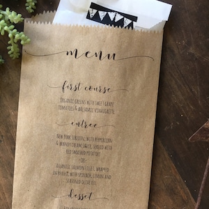 Hochzeitsmenübeutel, Brotbeutel, Hochzeitsgeschenkbeutel, Utensilbeutel, Hochzeitsempfang-Tischdekoration, benutzerdefinierte Menüs für Sie gedruckt, 25 pk