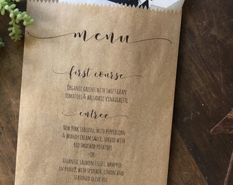 Wedding Menu Bags, Bread Bags, Wedding Favor Bags, Utensil Bags, Wedding Reception Table Decor, Custom Menus Printed for You, 25 pk