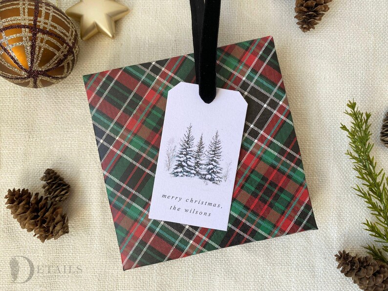 May include: A white gift tag with a black and white illustration of three pine trees with snow on the branches. The tag is tied with a black ribbon and is on top of red and green plaid wrapping paper. The text on the tag reads "merry christmas, the wilsons".