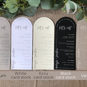 Hochzeitsmenüs, Bogenförmige Menüs, gedruckte Menüs, Benutzerdefinierte Hochzeitsmenüs, modernes Boho-Hochzeitsdekor, 24er-Set