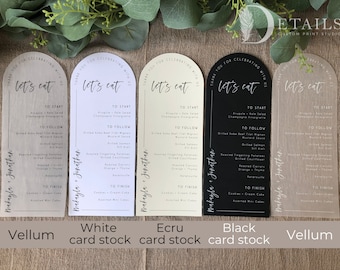 Menus de mariage en forme d'arche, menus en forme d'arche en vélin, menus imprimés, papier translucide, menus à l'encre blanche, menu moderne, minimaliste, lot de 24