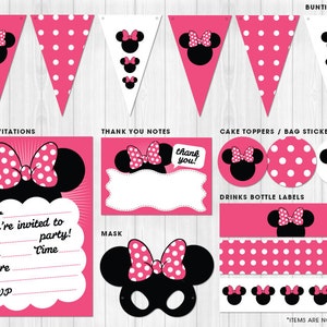 Ratón de la muchacha con el arco, (similar a Minnie Mouse) paquete imprimible para fiestas / / Digital archivos para imprimir