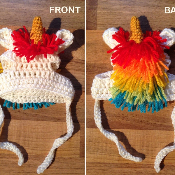Modello all'uncinetto - Scarica PDF // Cappello a cuffia unicorno per gatto o cane di piccola taglia con criniera arcobaleno