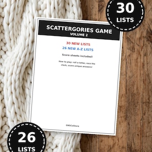 May include: A Scattergories Game Volume 2 printable sheet featuring the text 30 New Lists, 26 New A-Z Lists, Score sheets included, and instructions on how to play. The document includes the GNSCoStore brand name at the bottom of the page.