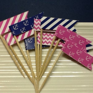 Nautical navy and bright pink / Anchor / Party Picks / Food Picks / Cupcake Toppers / set of 24