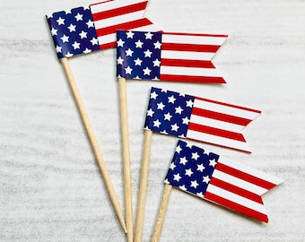 American Flag Cupcake Toppers - 4th of July Party Picks, Set of 24