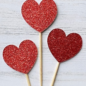 Red / Pink Glitter Heart Cupcake Toppers / Food Picks / set of 12