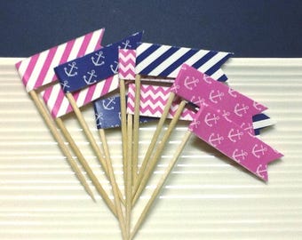 Nautical Anchor Cupcake Toppers, Navy & Pink Party Picks (Set of 24)