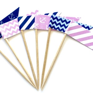 Nautical Navy and Pink / Anchor / Party Picks / Food Picks / Cupcake Toppers / Flags