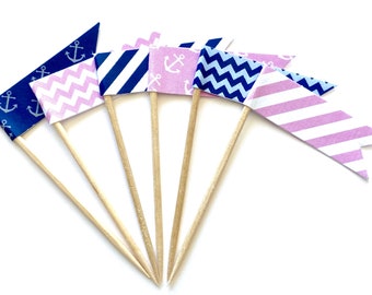 Nautical Navy and Pink / Anchor / Party Picks / Food Picks / Cupcake Toppers / Flags