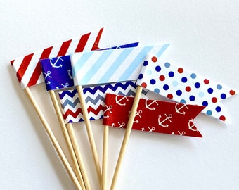 Nautical Anchor Cupcake Toppers, Red White Blue Party Picks (Set of 24)