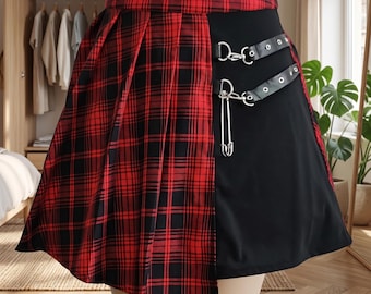 Gothic Plaid Asymmetrical Pleated Mini Skirt | Punk Grunge Buckle High-Waist A-Line Skirt | Girl Aesthetic Streetwear