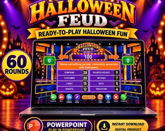May include: A digital Halloween Feud game displayed on a laptop screen, featuring a purple game board with survey answers like Pumpkins, Costumes, and Candy. The interface includes team scores, round indicators, and navigation buttons.