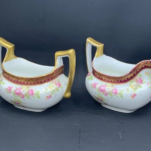 T & V Limoges Pink Roses and Gold Matching Open Sugar Bowl and Creamer Set