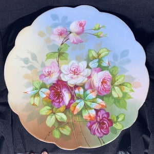 Huge Antique Limoges France Scalloped Pink and Red Handpainted Roses Cake Plate