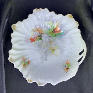 Antique Silesia White Grapes & Greenery Self Handled China Bowl