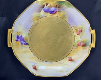 Pickard Handpainted China Deserted Garden Octagonal Handled Cake Plate Artist Signed Gasper