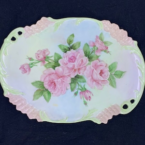 Vintage Pink Roses with Greenery Porcelain Dresser Tray