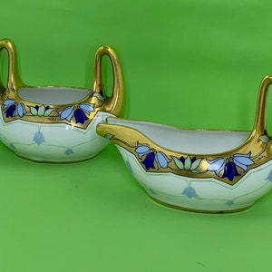 Pickard HP China Bluebells COPENHAGEN Sugar & Creamer Artist Signed &#39;LOH&#39;