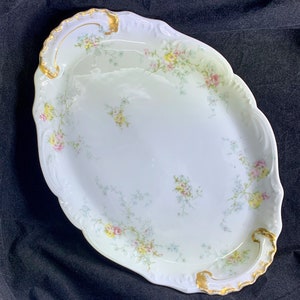 Theodore Haviland Limoges France Self Handled Oval Serving Dish Multicolored Flowers