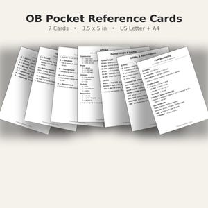 May include: A set of seven white OB pocket reference cards featuring black printed text. The cards display medical information including APGAR scores, fundal height, GTPAL abbreviations, and FHR monitoring. Each card measures 3.5 by 5 inches.