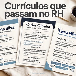 May include: Three professional resume templates displayed side-by-side, featuring the names Mariana Silva, Carlos Oliveira, and Laura Méndez. The documents include sections for professional profiles, experience, and skills, with blue and dark navy accents.