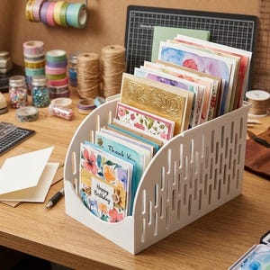May include: A white plastic desktop organizer with vertical side slots, filled with a collection of assorted greeting cards. The front-most card features a floral design with the text "Happy Birthday" and another reads "Thank You."